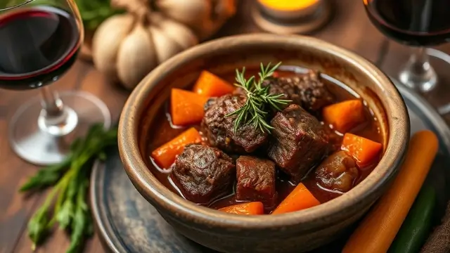 Bœuf carottes joliment présenté dans un bol rustique, avec des herbes fraîches et un verre de vin rouge, ambiance chaleureuse.