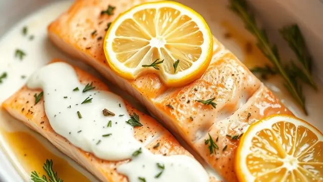 Plat de saumon au four avec crème fraîche, citron et herbes
