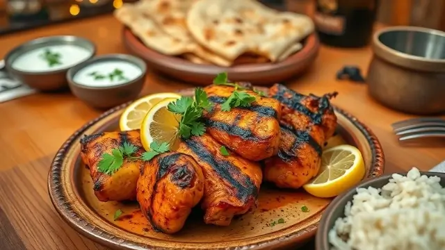 Poulet tandoori grillé servi avec du citron, du riz basmati et du naan sur une table rustique