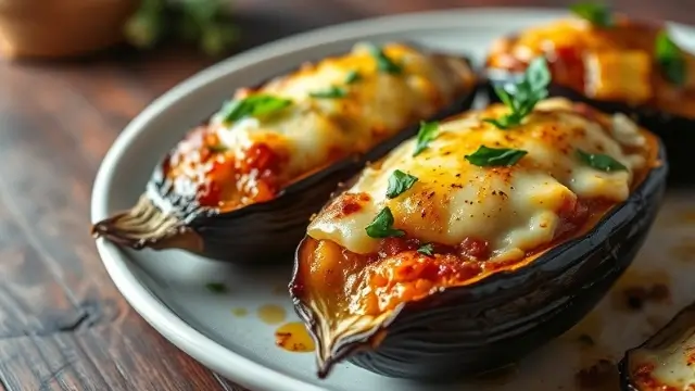 Aubergines au four dorées, garnies de fromage fondu et herbes fraîches.