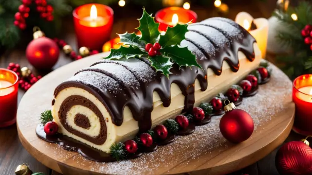 Bûche de Noël traditionnelle ornée de chocolat et de feuilles de houx, symbole des fêtes.