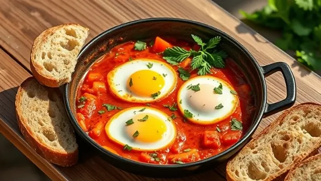 Chakchouka recette avec œufs poêlés, tomates, poivrons et pain croustillant.