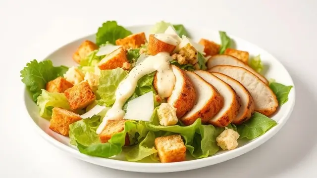 Salade César classique garnie de croûtons, parmesan, poulet grillé et sauce César recette.