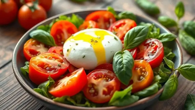 Salade d'été avec burrata, tomates anciennes, basilic et huile d'olive - une burrata recette simple et rafraîchissante.
