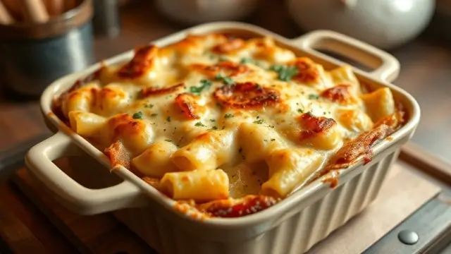 Gratin de pâtes doré au fromage avec une croûte fondante, prêt à être servi.