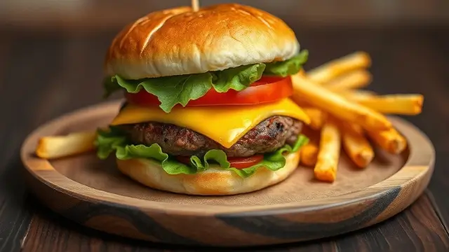 Burger gastronomique avec du fromage fondant, des légumes frais et un pain brioché maison.