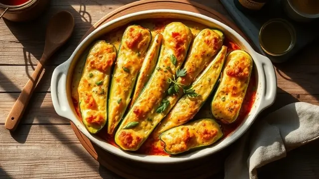 Plat de courgettes farcies au four avec une garniture dorée et fondante