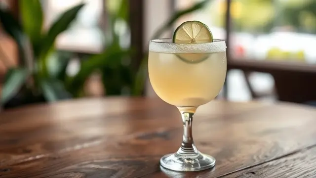 Margarita classique dans un verre givré avec tranche de citron vert.