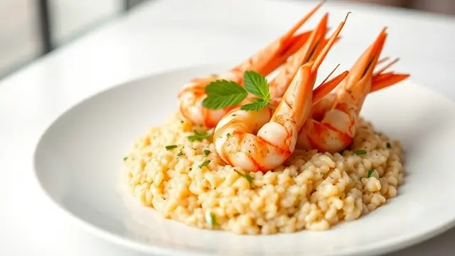 Risotto crémeux aux gambas parfaitement cuits, servi avec des herbes fraîches et une touche de zeste de citron.