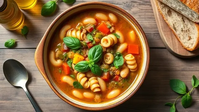 Vue aérienne d'un bol de soupe au pistou avec légumes, haricots et pistou frais.