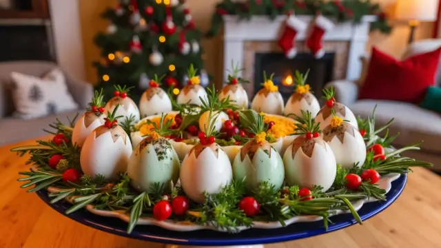 Plateau festif d'œufs de caille pour apéritif de Noël, joliment garnis.