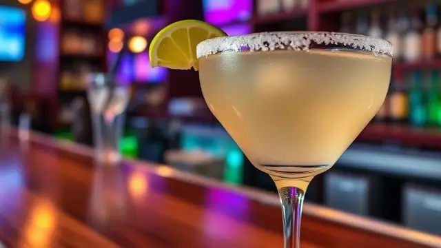 Recette cocktail margarita, margarita classique servie dans un verre à margarita avec un bord salé, garnie d'une rondelle de lime.