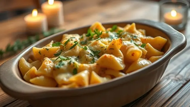 Plat de crozets au fromage, typique de la cuisine savoyarde, idéal pour un repas d'hiver chaleureux.