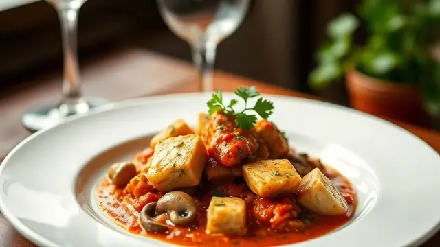 Plat de veau Marengo avec sauce tomate riche, champignons et veau tendre, garniture de persil frais.