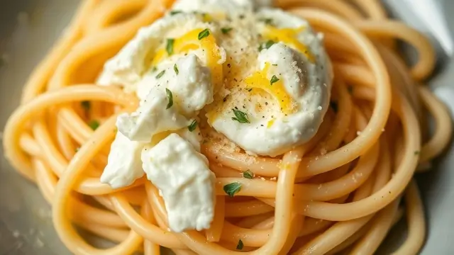 Plat de pâtes crémeuses à la ricotta et au citron, une ricotta recette fraîche et savoureuse, parfaite pour un repas léger et délicieux.