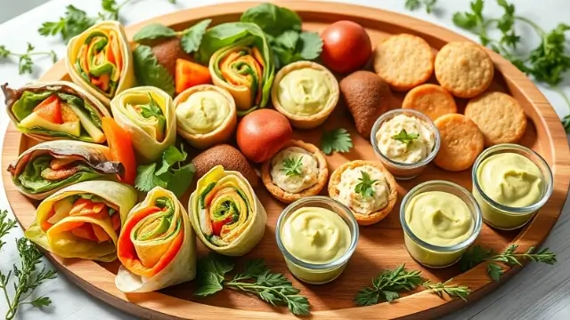 Plateau d'apéritifs froids avec wraps colorés, mini tartes, et verrines sur une planche en bois.