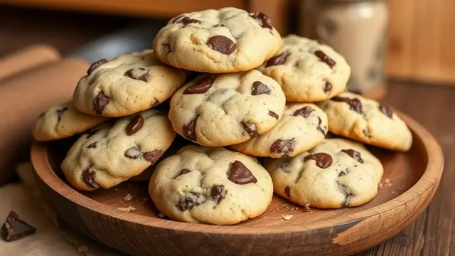 Assiette en bois remplie de cookies mie câline tendres et dorés, avec des morceaux de chocolat fondus.