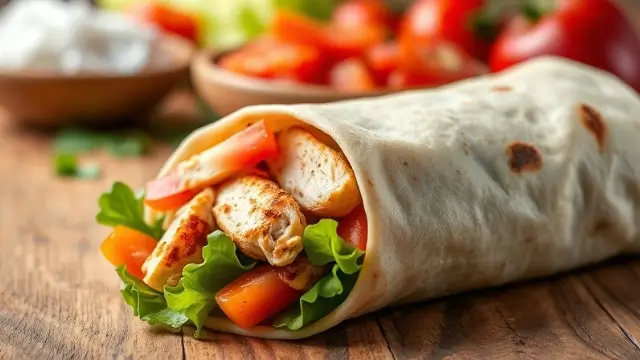 Burrito au poulet préparé avec une recette maison, rempli de poulet assaisonné, légumes frais et sauce salsa.