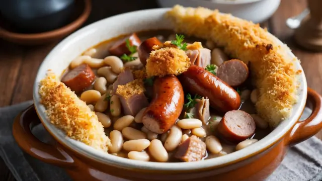 Gros plan d'un cassoulet traditionnel avec haricots, saucisses et canard confit dans une cassole en terre cuite