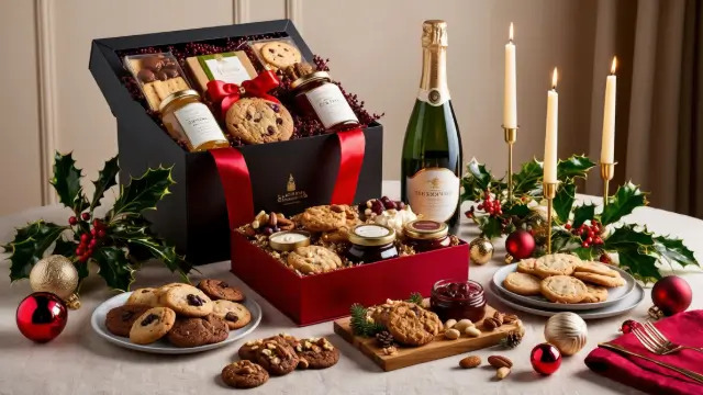 Table de Noël avec un coffret nourriture pour Noël, rempli de friandises, de noix, de confitures et d’une bouteille de vin pétillant.