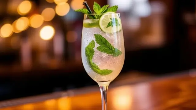 Verre de Hugo Spritz avec Prosecco, liqueur de fleur de sureau, garniture de menthe et tranche de lime, prêt à être dégusté.