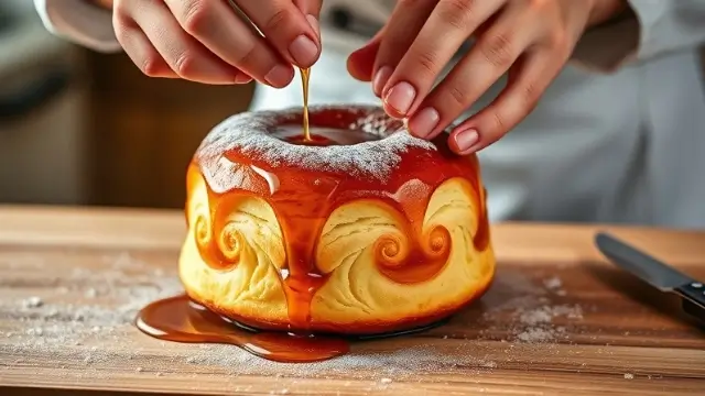 Un chef imbibe soigneusement un baba au rhum fraîchement cuit avec du sirop de rhum, capturant l'essence de la recette traditionnelle.