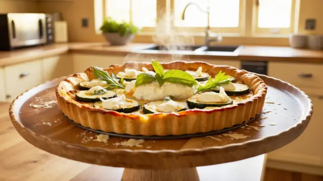 Tarte rustique courgette et burrata sur un plateau en bois, garnie d'herbes fraîches.