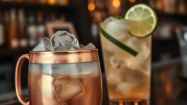 Vue rapprochée d'un Moscow Mule recette avec glace, ginger beer, vodka, et citron vert frais dans un mug en cuivre.