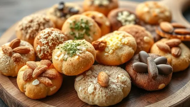 Craquelins maison avec diverses saveurs : sucrés à la cannelle, chocolat, amandes, et salés au fromage