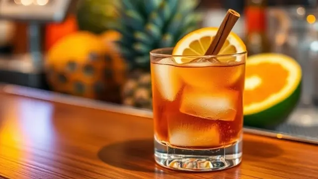 Verre de rhum arrangé sur glace, décoré avec des tranches de fruits et une touche de cannelle, prêt à être dégusté.