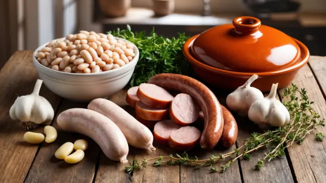 Ingrédients de la recette traditionnelle du cassoulet, incluant haricots, saucisses, confit de canard et herbes fraîches