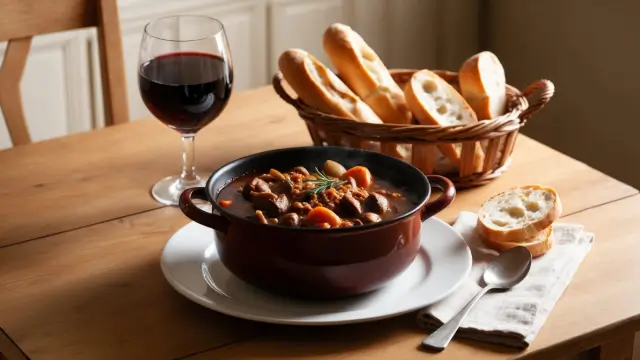 Cassoulet traditionnel servi avec un verre de vin rouge et une corbeille de pain français