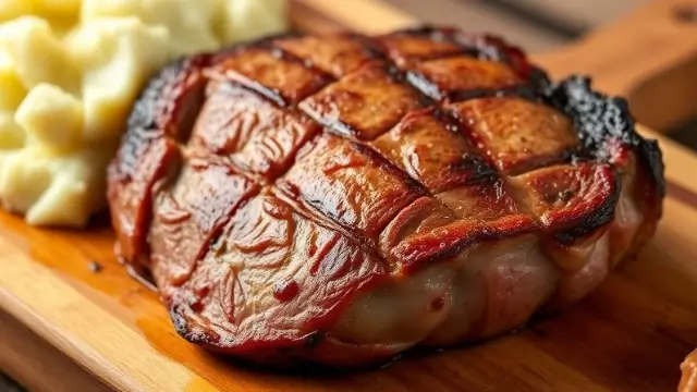 Filet mignon parfaitement cuit au four, avec une texture juteuse et une croûte dorée, servi avec une purée de pommes de terre.