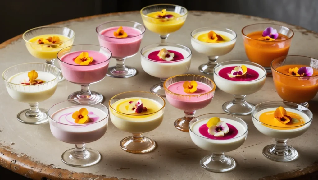 Assortiment de panna cotta à la vanille décorées de coulis de fruits et de fleurs comestibles.