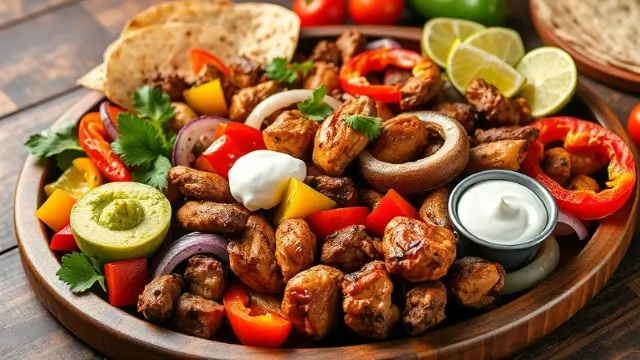 Un plat de fajitas complet avec poulet, bœuf, légumes et garnitures à côté.