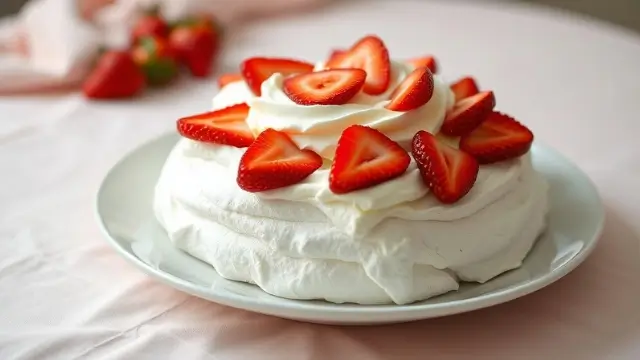 Pavlova traditionnelle garnie de fruits rouges frais comme des fraises, des framboises et de la crème chantilly.