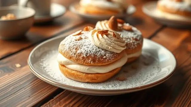 Paris-Brest traditionnel garni de crème pralinée, poudré de sucre glace.