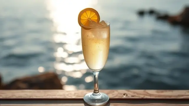 Cocktail spritz limoncello avec prosecco et une tranche de citron en bord de mer