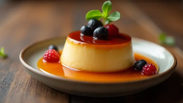 Crème caramel servie avec caramel brillant, fruits rouges, et menthe