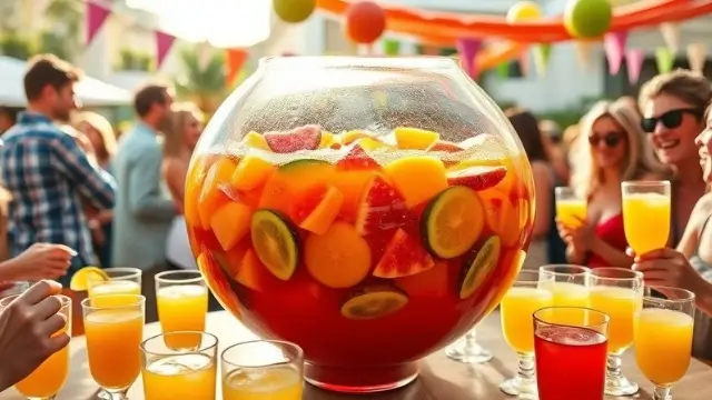Un groupe de personnes savourant un punch tropical pour 30 personnes lors d'une fête en plein air, entouré de verres et de décorations estivales.