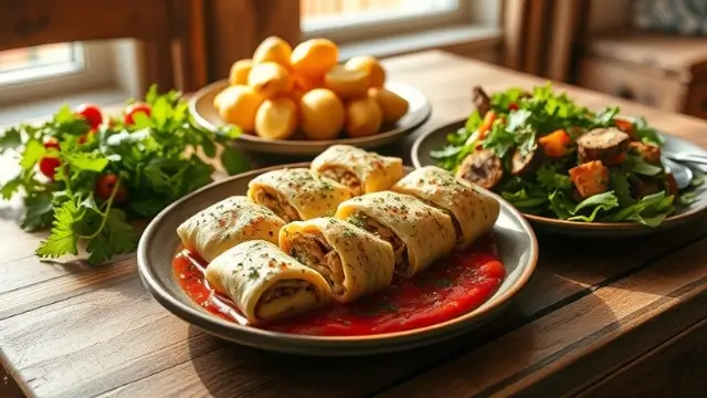 Chou farci recette servi avec des pommes de terre rôties et une salade fraîche