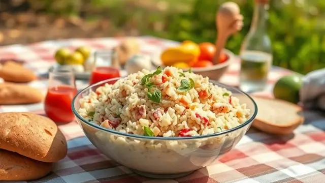 Salade de riz au thon servie lors d’un pique-nique en plein air avec fruits et boissons fraîches.