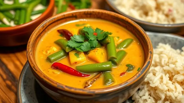 Haricots verts recettes en curry avec sauce au lait de coco, coriandre fraîche et épices, pour un plat savoureux et original.