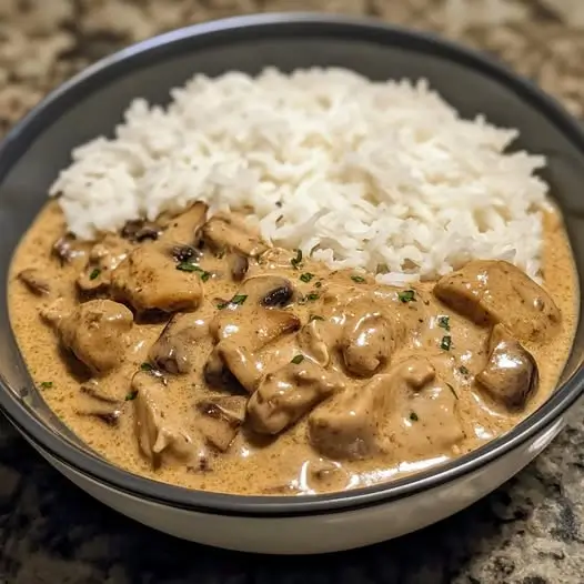 Assiette de poulet au curry et lait de coco garnie de coriandre fraîche.