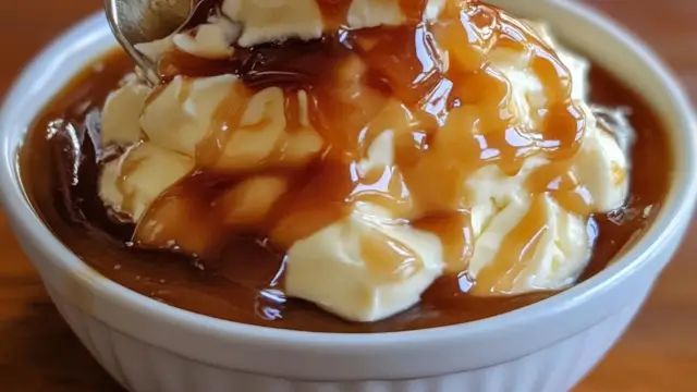 Une crème caramel onctueuse avec une couche de caramel doré, servie dans un ramequin blanc sur une table rustique.