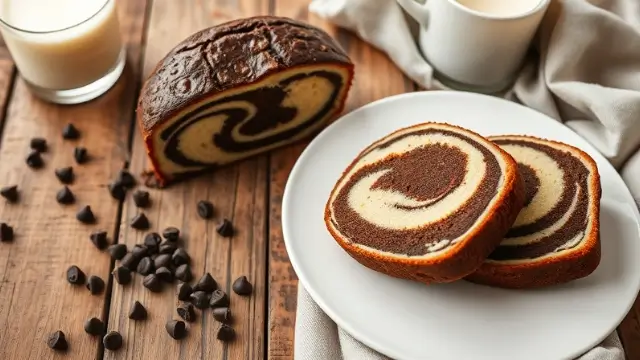 Un gâteau marbré chocolat parfaitement tranché, révélant ses motifs tourbillonnants de chocolat et vanille sur une assiette blanche.