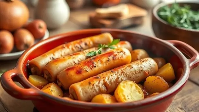 Figatelli cuisiné au four dans un plat en terre cuite, accompagné de pommes de terre rôties et d'herbes fraîches, un plat corse savoureux.