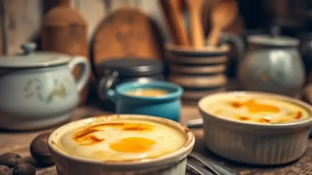 Desserts d'œufs au lait grand-mère servis dans des ramequins avec une touche de caramel, dans une cuisine rustique avec une ambiance chaleureuse.