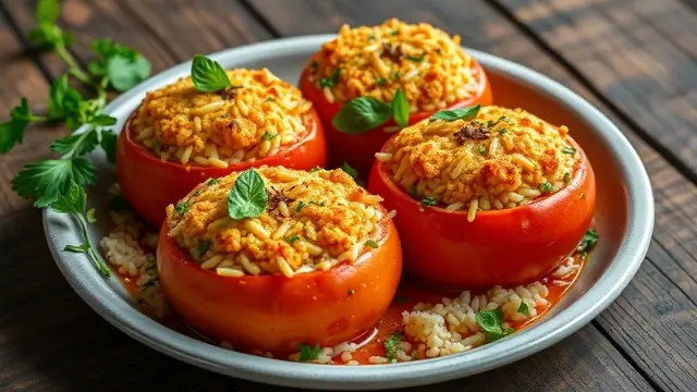 Plat traditionnel de tomates farcies à la grand-mère avec riz, herbes fraîches et une croûte dorée.