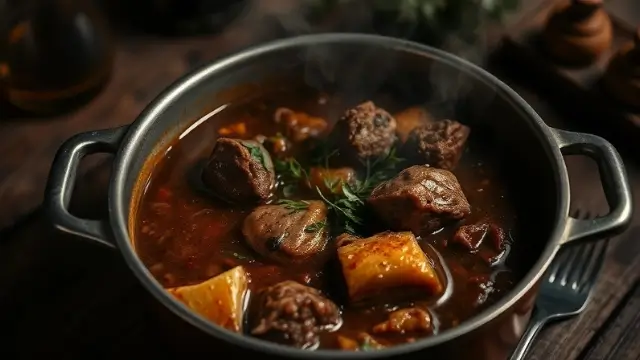 Bœuf bourguignon en préparation avec des légumes et une sauce riche, dans une atmosphère chaleureuse et feutrée.